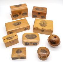 A collection of Mauchline ware boxes, with views including Guthrie Castle, the Tay Bridge at