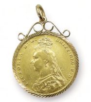 An 1888 full gold Victorian sovereign in a 9ct gold pendant mount, stamped 'M' for the Melbourne