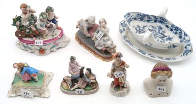 A small group of continental figures including two inkwells, a figure marked Prag to base, a dolls