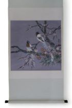 A collection of Chinese watercolour and ink scroll paintings including one depicting birds amongst