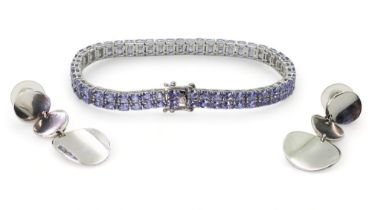 A GemsTV silver tanzanite line bracelet, length 21.5cm, together with a pair of silver disc