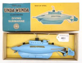A boxed Tinplate Unda-Wunda Clockwork Diving Submarine, "Built of Steel" by Sutcliffe pressings Ltd.