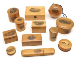 A collection of Mauchline ware boxes depicting English scenes, to include Mount Orgueil Castle,