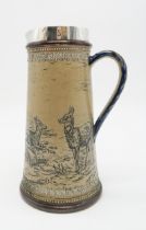 DOULTON LAMBETH HANNAH BARLOW STONEWARE JUG sgraffito decorated with stags and hinds in a grassy