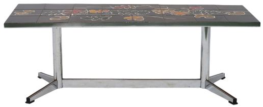 A CIRCA 1960'S BELGIAN JULIETTE BELARTI FOR ADRI COFFEE TABLE  with brown foliate designed tiled top