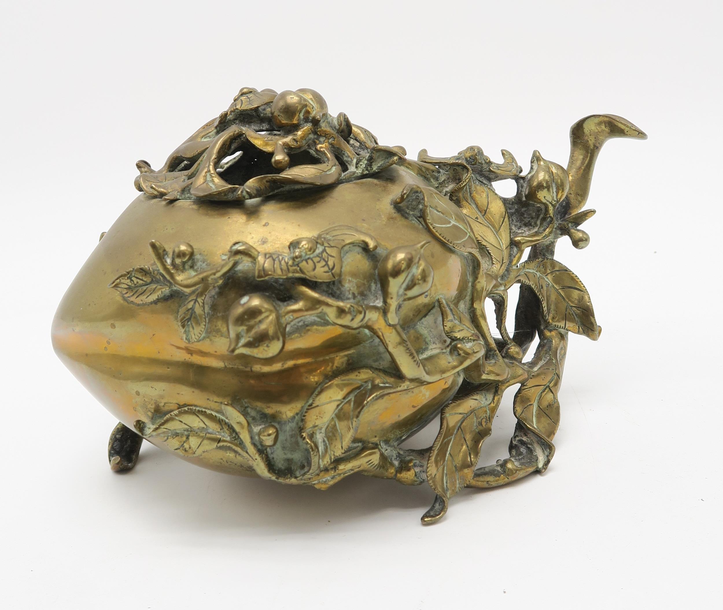 A CHINESE BRASS PEACH INCENSE BURNER With wooden stand, 13 x 20cm, an archaic style vase and - Image 7 of 12