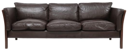 A 20TH CENTURY DANISH BROWN LEATHER UPHOLSTERED STOUBY THREE SEATER SETTEE  with stained teak and