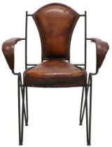 A MID 20TH CENTURY LEATHER & IRON ARMCHAIR AFTER JACQUES ADNET with open armrests made with stitched