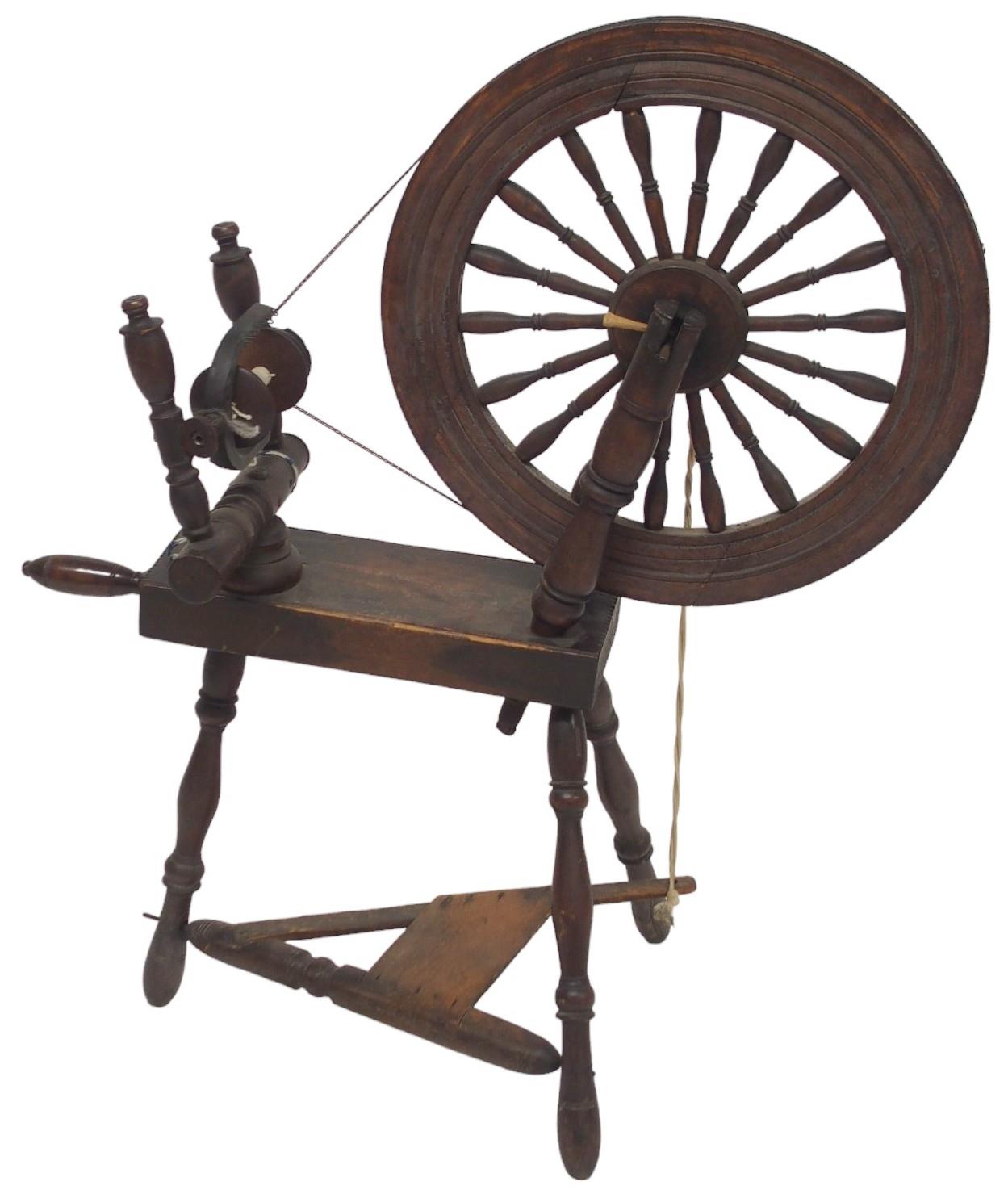 A 19TH CENTURY SCOTTISH SPINING WHEEL  with 56cm turned spindle wheel on turned supports joined by - Image 2 of 6