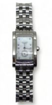 A LADIES DIAMOND SET LONGINES WATCH with mother of pearl dial subsidiary seconds dial and diamond