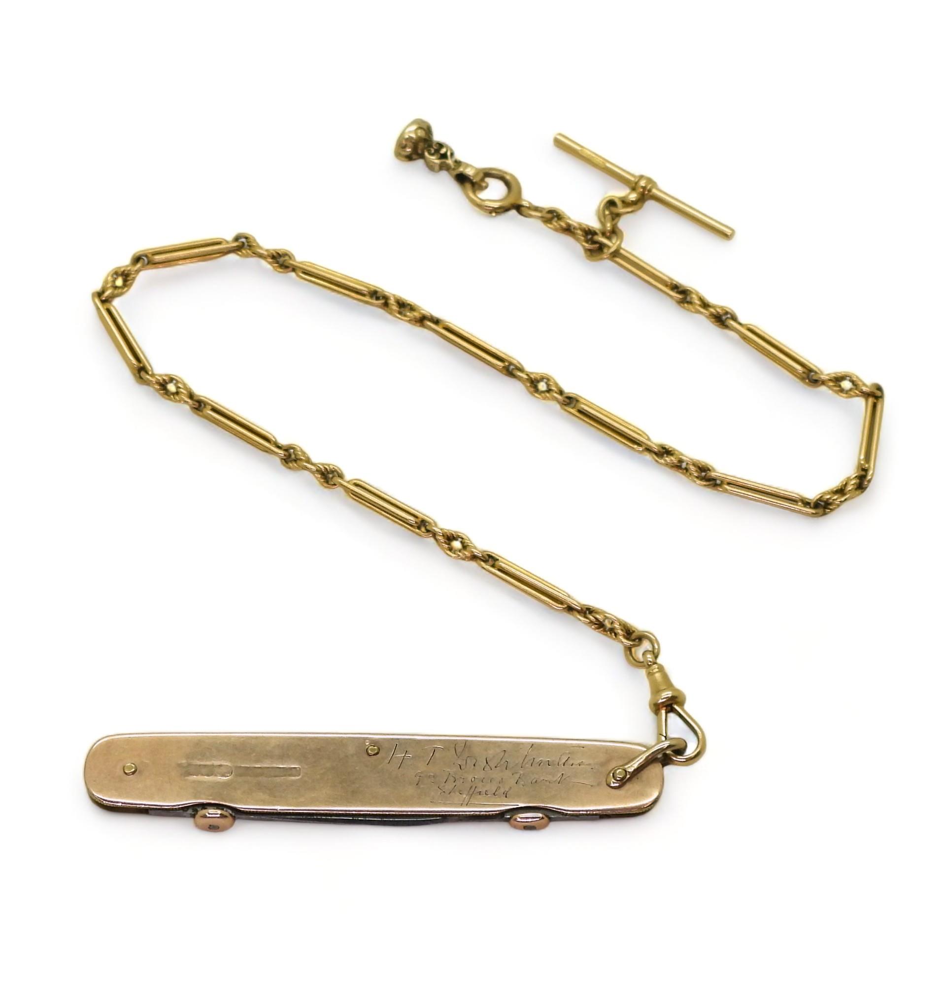 AN 18CT GOLD FOB CHAIN with baton links and fancy knot links, made by John Goffe & Son, length 34cm,