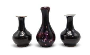 A CHINESE MOTTLED GLAZED BOTTLE SHAPED VASE with garlic neck, 15cm high and matched pair of