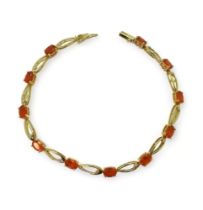 A FIRE OPAL & DIAMOND BRACELET set in 9ct yellow gold, the opal s are approx 5.3mm x 3.5mm, with