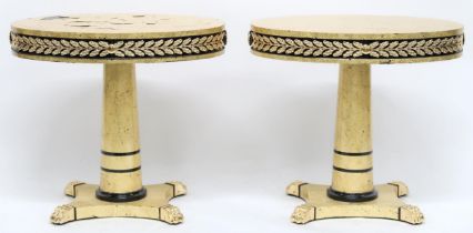 A PAIR OF CONTEMPORARY GILT OVAL TOPPED LAMP TABLES  with gilt brass acanthus leaf friezes over