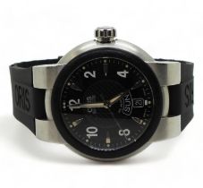 AN AUTOMATIC ORIS WATCH a black textured dial with white arabic and dagger numerals and hands,