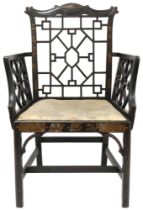 A 19TH CENTURY CHINESE CHIPPENDALE OPEN ARMCHAIR  with extensively decorated backrest and arms