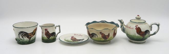 A SMALL COLLECTION OF WEMYSS WARE all painted with brown cockerel and hen including a Bon Jour
