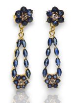 SAPPHIRE & DIAMOND FLOWER EARRINGS made in  bright yellow metal and set with marquis and round cut