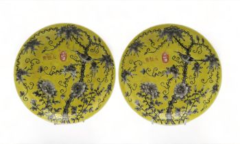 A PAIR OF YELLOW GROUND DISHES Painted with birds amongst flowering foliage, 24cm diameter (2)
