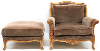 A CONTEMPORARY RALPH LAUREN OPEN ARCHAIR AND ACCOMPANYING OTTOMAN FOOTSTOOL  both with mauve