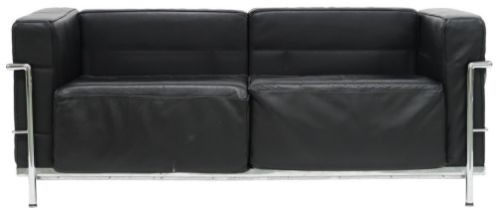 A 20TH CENTURY AFTER LE CORBUSIER TWO SEATER SETTEE  with black leather cushions on chromed