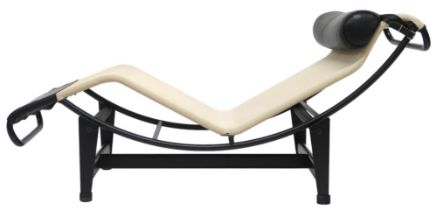 A 20TH CENTURY AFTER LE CORBUSIER TYPE LC4 CHAISE LONGUE with black leather head cushion and cream