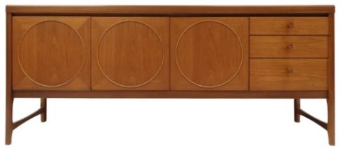 A MID 20TH CENTURY TEAK NATHAN "CIRCLES" SIDEBOARD  with pair of cabinet doors flanked by fall front