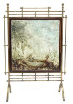 A VICTORIAN BRASS FRAMED FIRESCREEN  with glazed panel reverse painted with scene depicting birds