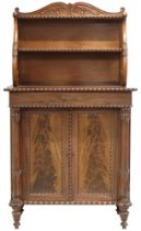 A 20TH CENTURY MAHOGANY REGENCY STYLE CHIFFONIER with two open shelves flanked by carved scrolled