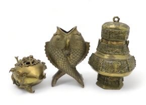 A CHINESE BRASS PEACH INCENSE BURNER With wooden stand, 13 x 20cm, an archaic style vase and