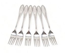 A SET OF SIX GERMAN ART NOUVEAU SILVER FORKS 800 standard, the pointed stems of stylised form,