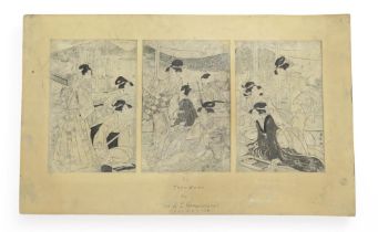 TOYOKUNI TRIPTYCH Depicting beauties on balconies, 35 x 24cm each print Condition Report:worn and