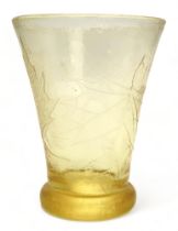 A DAUM NANCY VASE of clear yellow glass with acid etched leaves, moulded mark to side, 19cm high