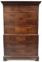 AN 18TH CENTURY MAHOGANY CHEST ON CHEST  with dentil cornice over two short over three long