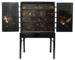 AN 18TH CENTURY CONTINENTAL BLACK LACQUER CABINET ON LATER STAND  cabinet with brass floral/
