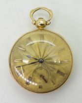 AN 18CT GOLD POCKET WATCH the open face pocket watch has a gold coloured dial, numerals and blued