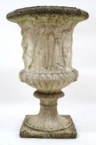 A 20TH CENTURY MEDICI STYLE WHITE PAINTED STONEWARE GARDEN URN  with gadrooned rim over classical