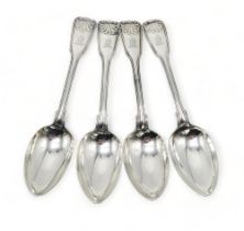 PAUL STORR; a set of four George III silver fiddle, thread and shell pattern tablespoons, London