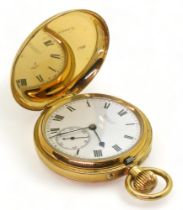 AN 18CT GOLD FULL HUNTER POCKET WATCH with white enamel dial, subsidiary seconds dial, black Roman