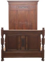 A VICTORIAN MAHOGANY FRAMED TESTER SIZE BED FRAME  tall headboard with moulded dentil cornice over