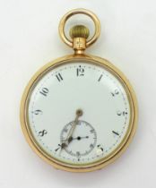 AN 18CT POCKET WATCH in the open face style, with a plain white enamel dial with black Arabic