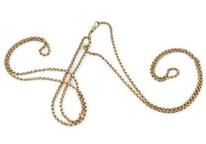 A 9CT GUARD CHAIN the long belcher chain, has a 9ct soldered on tag to the end of the chain, and