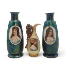A PAIR OF CONTINENTAL LUSTRE POTTERY VASES each with a transfer print of a maiden, 35cm high,