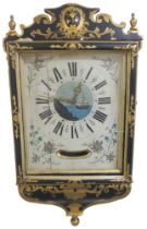 A 19TH CENTURY BLACK AND GILT PAINTED MALTESE WALL CLOCK  scrolled surmount with turned gilt finials