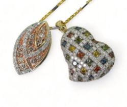 TWO COLOURED DIAMOND PENDANTS a leaf shaped pendant set with champagne and white diamonds with an