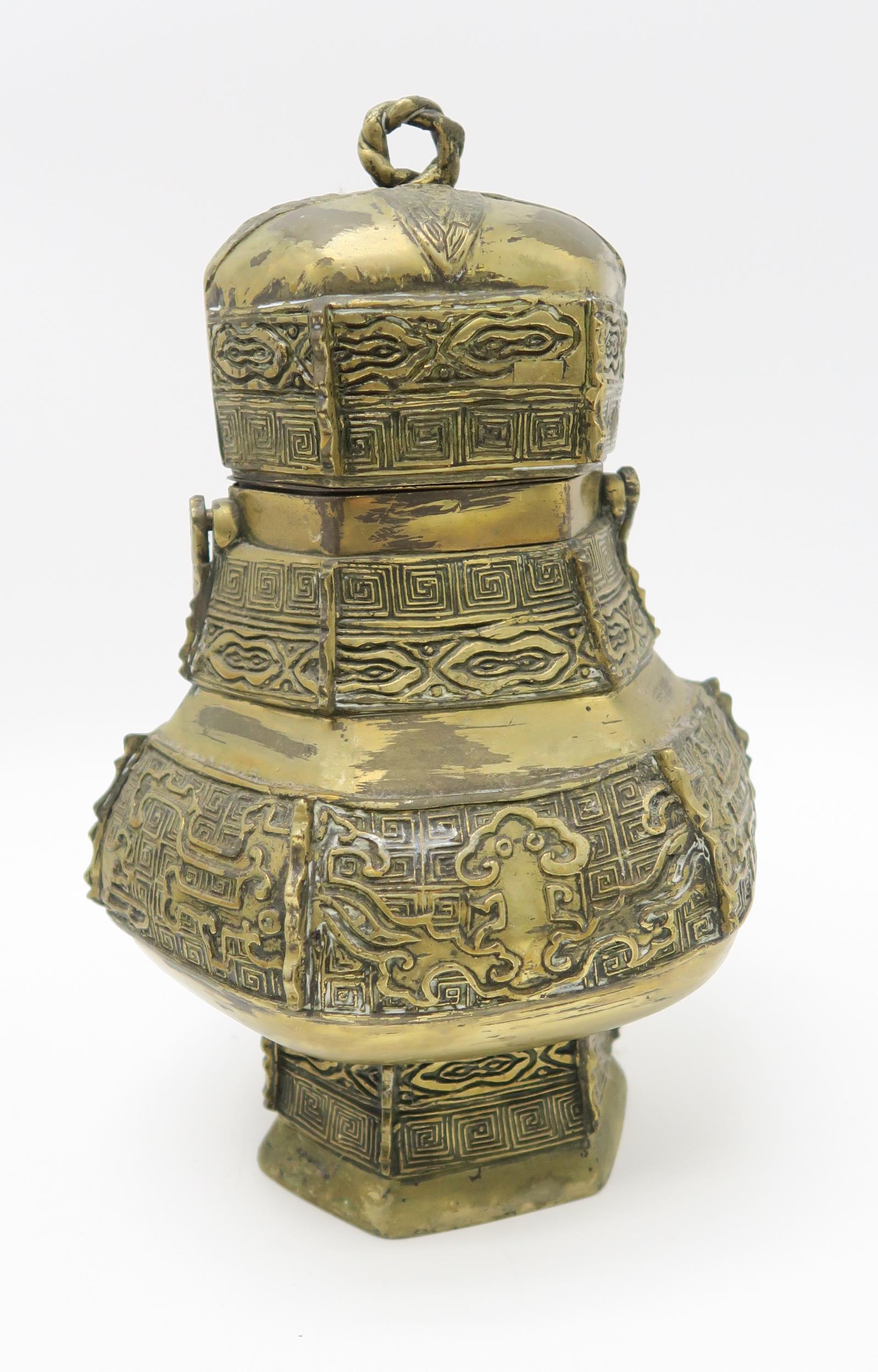 A CHINESE BRASS PEACH INCENSE BURNER With wooden stand, 13 x 20cm, an archaic style vase and - Image 2 of 12