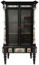 A 19TH CENTURY FRENCH EBONISED DISPLAY CABINET  with moulded cornice with Sevres style plaques