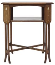 AN EARLY 20TH CENTURY MAHOGANY ART NOUVEAU WINDOW TABLE  octagonal top with satinwood and mother