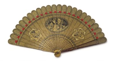 A CANTONESE EXPORT BLACK AND GOLD LACQUERED FAN  Painted with panels of figures in gardens and