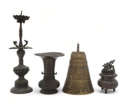 A CHINESE BRONZE PRICKET CANDLESTICK Cast with cranes above a lotus stem, 30cm high, an archaic